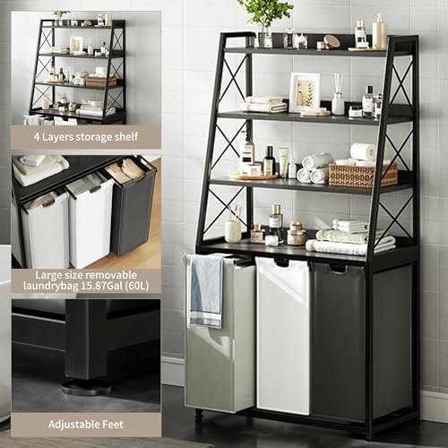 Herture Laundry Basket, 3 Section Laundry Hamper with 4 Tiers Shelf, Pull-Out and Removable Laundry Bags, Large 3 x 15.87 Gallons, for Laundry Room Bathroom Black PF05XLK - Image 4
