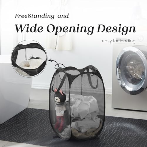 TECHMILLY Collapsible Mesh Pop Up Laundry Hamper with Sturdy Handles and Side Pocket - Portable Foldable Clothes Baskets for Dorm, Bathroom & Travel Storage (Black, 2 Packs) - Image 4