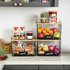2 Set XL Stackable Wire Basket with Bamboo Tops & Tags- Pantry Organizer and Storage Bins, Kitchen Counter Cabinet Shelf Countertop Under Sink Organizing, Food Snack Produce Onion Potato Bread Storage - Image 3
