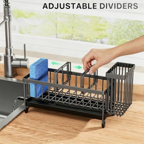 Cisily Sponge Holder for Kitchen Sink, Sink Caddy Organizer with High Brush Holder, Kitchen Countertop Organizers and Storage Essentials, Rustproof 304 Stainless Steel (Dark Grey, 9.25″) - Image 5