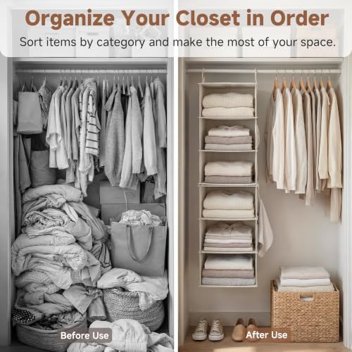 StorageWorks Hanging Closet Organizer, 6-Shelf with 2-in-1 Design, Ivory | Maximize Closet Space with Reinforced Shelves, Small Closet Storage Solution for Bedrooms, Dorms and RVs - Image 5