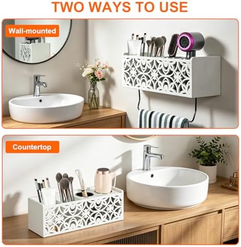 Hair Dryer Holder Wall Mounted with Stainless Steel Cups and Towel Bar - Image 2