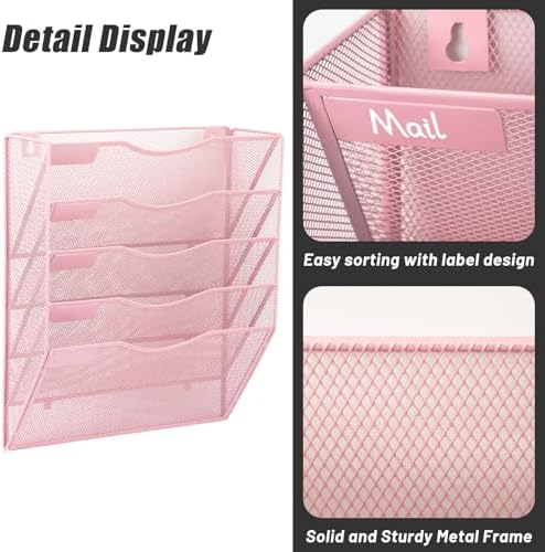 EASEPRES 5 Pocket Mesh Hanging Wall File Organizer, Wall Mounted Mail Paper Document Folder Holder, Clipboard Storage Organization Magazine Rack with Nametag Label for Office Home School, Pink - Image 4