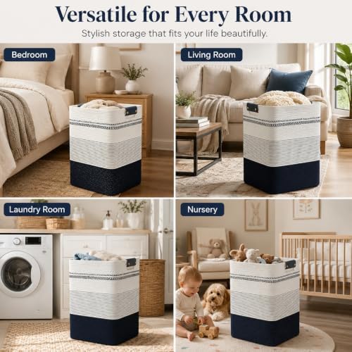 Laundry Hamper, Cotton Rope Laundry Basket with Leather Handles, 22.5-Gallon/85 L Large Clothes Hampers for Laundry, Woven Laundry Baskets for Blankets, Clothing, Bedroom, Living Room, Nursery - Image 6