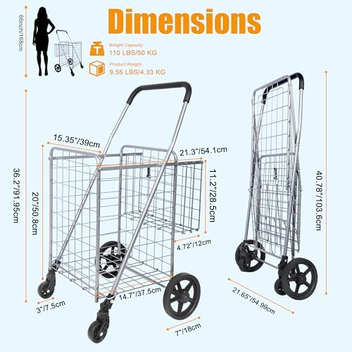 Whitmor Utility Folding Shopping Cart, 115L Heavy Duty Grocery Cart with Double Basket, 360° Swivel Wheels, Foldable Rolling Utility Trolley, 110 Lbs Capacity for Grocery, Laundry, Travel, Sliver - Image 2
