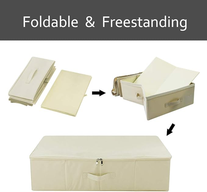 Folding Underbed Shoes Clothes Storage Organizer Basket with Zip Lid,Beige - Image 5