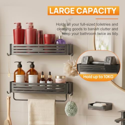 Gun Grey Adhesive Square Shower Caddy with Towel Bar, Soap Dish and Hooks - Image 6