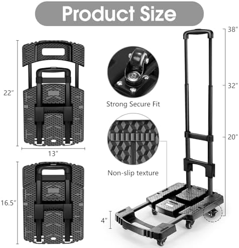 Voipvvii Folding Hand Truck 500lbs, Portable Heavy Duty Dolly Cart, 6 Wheels Collapsible Luggage Cart with 2 Elastic Ropes - Compact Trolley Cart for Easy Moving - Ideal Hand Cart for Travel and More - Image 3