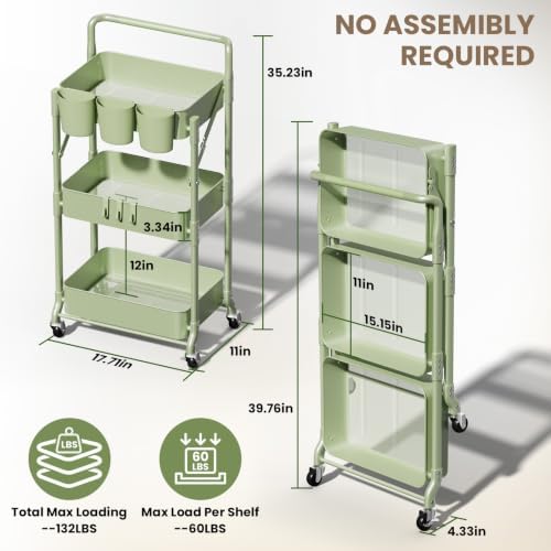 Foldable 3 Tier Rolling Cart, Metal Utility Cart with Wheels - Image 2