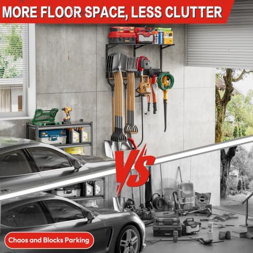 Garage Wall Organizer with Storage Shelves, 32" Garden Tool Organizer with Shelving Units and Hooks Hangers, Heavy Duty Metal Shelf with Shovel Rake Holder, Garage Organization Rack for Yard Shed Lawn - Image 6