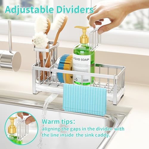 HapiRm Sponge Holder for Kitchen Sink - Self-draining Sink Caddy with Brush Holder and Dishcloth Holder, Stainless Steel Kitchen Organizer - Silver - Image 4