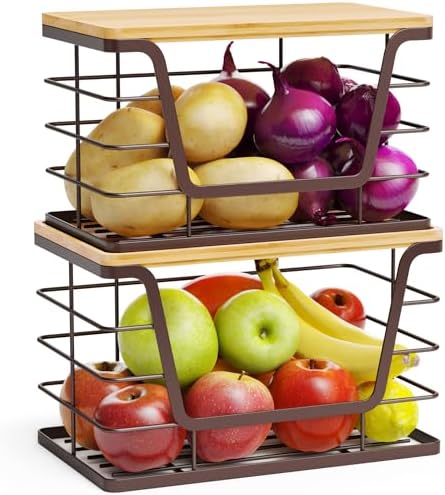 ALOCEO 2 Pack Stackable Wire Storage Basket with Bamboo Lid, Trash Bag Dispenser Under Sink for 4-13 Gal Bags, Kitchen Storage Bins for Potato and Onion, Brown by ALOCEOWallHooksAdhesive