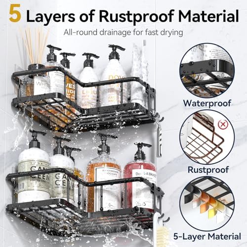 YASONIC Corner Shower Caddy Adhesive, 100% Rustproof Shower Organizer, No Drill Shower Shelf for Inside Shower, Wall-Mounted Shower Storage for Homes (2 Pack, Black) - Image 4