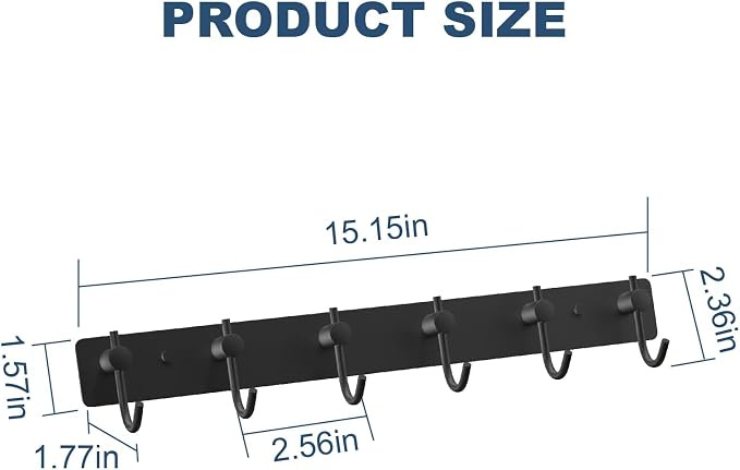 VAEHOLD Wall Hooks for Hanging, Black Coat Rack Wall Mount with 6 Coat Hooks, Towel Hanger, Hat Hooks, Robes Hook in Bathroom, Bedroom, Kitchen, Living Room (1PACK) - Image 4