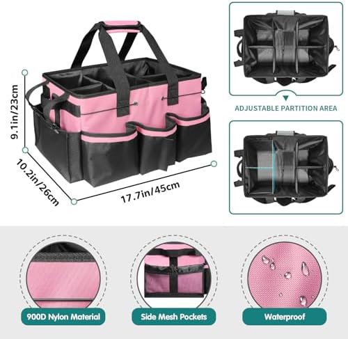 Cleaning Bags for Housekeepers, Large Cleaning Supplies Organizer with Handles & Shoulder Strap, Cleaning Caddy Bag with Foldable Divider for Cleaners, Car Horse Cleaning Bag(Pink) - Image 3