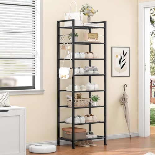 8 Tiers Narrow Shoe Rack 16-24 Pairs, Sturdy Metal Tall Shoe Rack with 4 Hooks, Slim Shoe Storage Organizer with Metal Shelf, Space Saving Vertical Shoe Shelf for Entryway, Closets, Black - Image 2