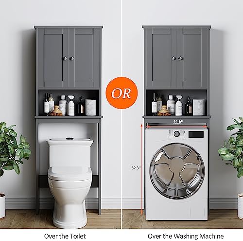 Over the Toilet Storage Cabinet, Bathroom Storage Cabinet Over Toilet with 2 Wood Doors, Freestanding Space Saver, Adjustable Shelf & Open Shelf, Grey - Image 6