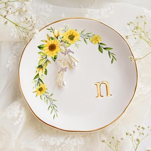 COLLECTIVE HOME - Ceramic Jewelry Tray, Trinket Dish for Rings Earrings Necklaces Bracelet Watch Keys, Birthday Mother's Day Christmas Gift for Women, 4.75", White Surface wirh Sunflowers (n) - Image 3