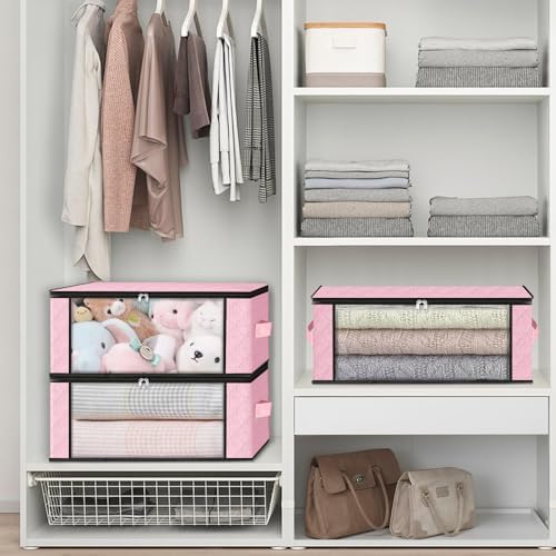 HomeHacks 4-Pack Clothes Organizer Storage Bags, 35L Storage Bins, Pink | Foldable Storage Box Container with Zippers, Clear Window, Reinforced Handles for Closet, Dorm, Pillows, Bedding, Sweater - Image 6