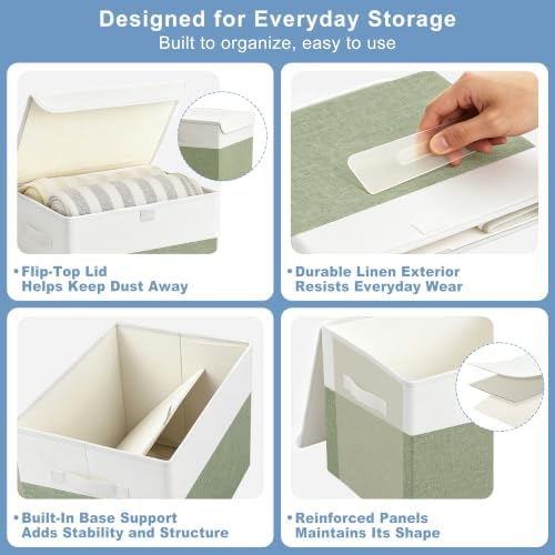 Large 17" 42 Quarts Collapsible Stackable Storage Bins with Lids [3-Pack] Foldable Fabric Linen Storage Boxes Cube, Closet Organizer Baskets with Label for Home (16.7 x 12 x 12", Green & White) - Image 6
