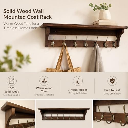 Wall Mounted Coat Rack with Shelf, Solid Wood & Bronze Metal Hooks – 31.1 Inch Entryway Organizer with 7 Hooks for Hanging Coats, Hats, Bags, Keys, Rustic Brown for Hallway，Bedroom（31.1 Inch） - Image 2