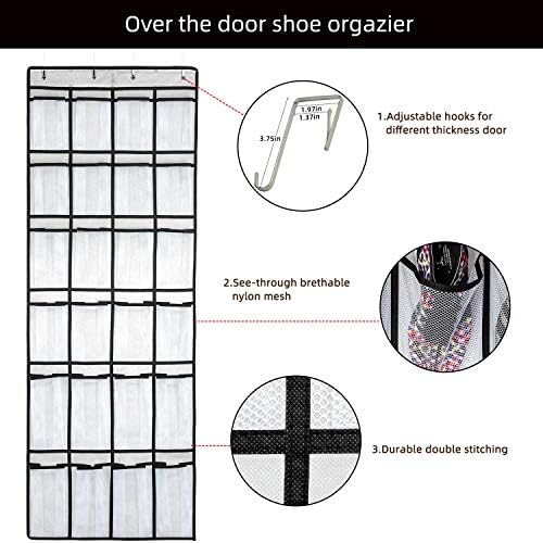 SAVERHO Hanging Shoe Organizer, Over The Door Shoe Organizer with 24 Mesh Large Pockets Door Shoe Rack for Men Women Kids Hanging Door Shoe Holder Size:58x21 Inch (White-2pack) - Image 3
