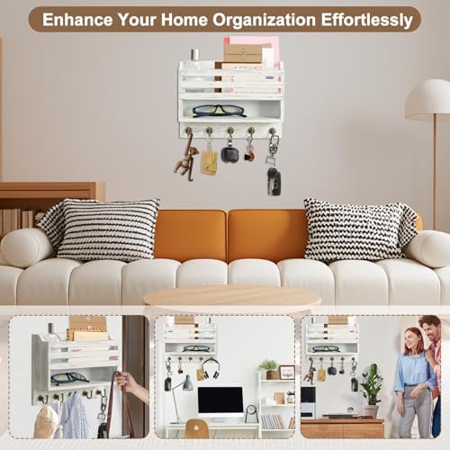 Key Holder Wall Mount with Mail Organizer, 5 Key Hooks, White - Image 2