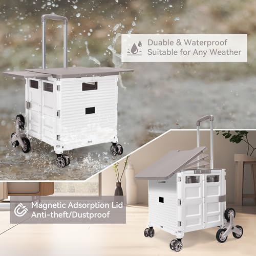 Foldable Utility Cart with Stair Climbing Wheels,Collapsible Rolling Crate with Magnetic Lid Telescopic Cover,Adjustable Telescoping Handle,360° Rotate Wheel Hand Cart for Teacher Shopping Moving - Image 6