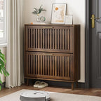 Shoe Cabinet, Shoe Storage Cabinet with Louvered 2 Flip Drawers, Narrow Shoe Cabinet Storage for Entryway, Freestanding Shoe Organizer Cabinet with Golden Handles, Slim Shoe Rack Cabinet (Walnut) by Algherohein