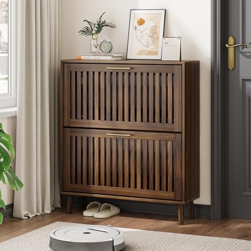 Shoe Cabinet, Shoe Storage Cabinet with Louvered 2 Flip Drawers, Narrow Shoe Cabinet Storage for Entryway, Freestanding Shoe Organizer Cabinet with Golden Handles, Slim Shoe Rack Cabinet (Walnut) by Algherohein