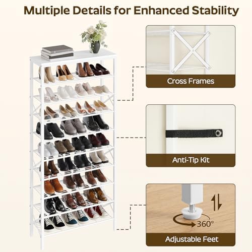 YATINEY 10 Tier Shoe Rack, Large Capacity Shoe Storage Organizer Holds 40 Pairs, Sturdy and Stable, for Entryway, Hallway, Closet, Dorm Room, White SS10WW - Image 5