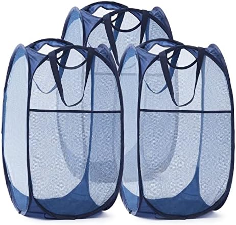 TECHMILLY Collapsible Mesh Pop Up Laundry Hamper with Sturdy Handles and Side Pocket - Portable Foldable Clothes Baskets for Dorm, Bathroom & Travel Storage (Blue, 3 Packs) by TECHMILLY