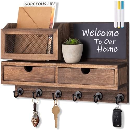 Key Holder for Wall, Key and Mail Holder for Wall with Storage Drawer, Entryway Rustic Home Decor, 3 Liquid Chalks & Chalkboard, 15.98”W x 9.1”H x 3.3”D, Brown by FIPUTE-MakesLifeEasier