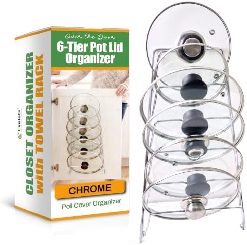 Evelots 6-Tier Pot Lid Organizer for Cabinet Door or Pantry Wall - Pots and Pans Lid Holder Rack - Glass or Metal Pan Covers Cabinet Organizer Kitchen Storage - Chrome Finished by Evelots