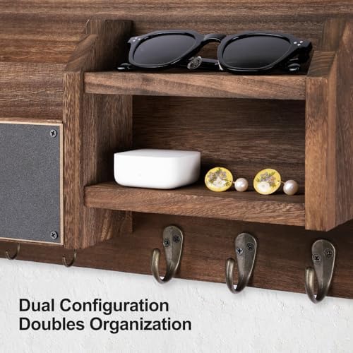 Lwenki Mail and Key Holder – Wall Mount Key Hanger with Shelf and 7 Metal Hooks – Decorative Natural Paulownia Wood Entryway Organizer with Mounting Hardware (16.5”W x 8.7”H x 3.5”D) (Brown) - Image 4