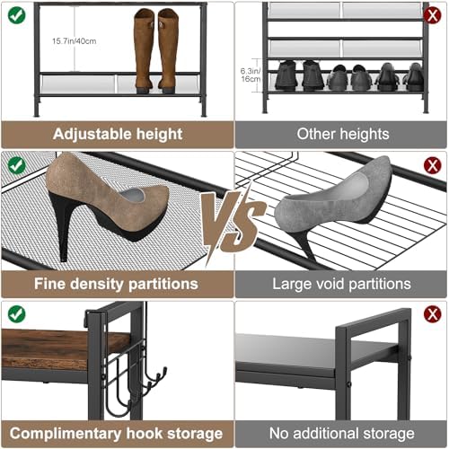 Refrze Shoe Rack for Front Door Entrance, 4 Tier Height-Adjustable Metal Shoe Rack, Sturdy Wooden Top and Tiltable Steel Frame Heavy Duty Shoe Organizer for Bathroom,Bedroom,Kitchen，Include Hook - Image 6