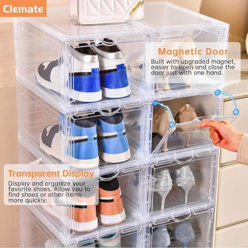 Clemate Upgraded X-Large Shoe Organizer,Shoe Storage Organizer,12 Pack,Shoe Box Clear Plastic Stackable,Drop Front Shoe Box with Clear Door, Shoe Containers For Sneaker Display,Fit up to US Size12 - Image 5