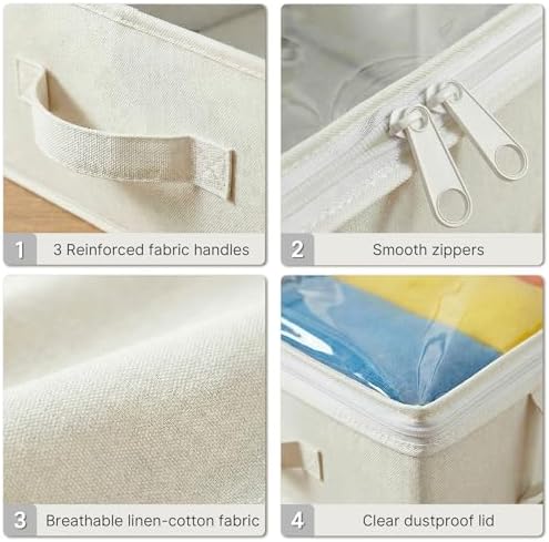 2-Pack Under Bed Storage Containers, 6 Inches Tall Clothes Storage, Beige | High Side Collapsible Underbed Organizer Bin with Sturdy Sidewalls/Bottom, Cotton Linen Bins, For Seasonal Clothes & Bedding - Image 4