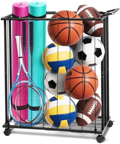 Columnar Vertical Ball Storage Racks with Wheels-New Durable Rolling Basketball Holder Wall Mount for Soccer, Volleyball, Space-Saving Garage Sports Ball Rack Organizer for Home,Gym & Outdoors by Gotaux