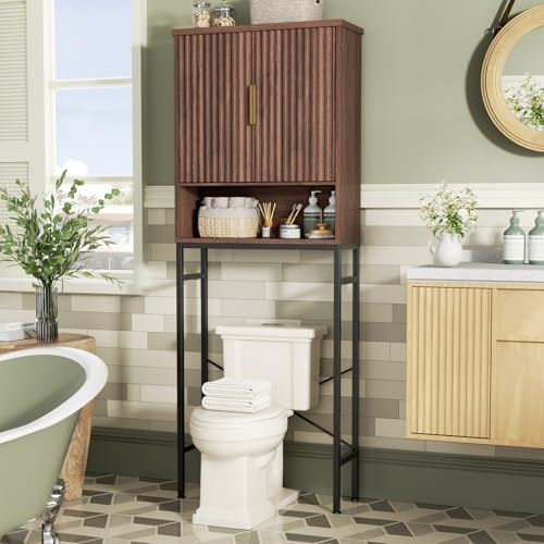 FiveWillowise Over The Toilet Storage Cabinet with Fluted Doors and Adjustable Shelf, Tall Bathroom Organizer with Metal Stand Space Saver Over Toilet, Wood Rack for Bathroom, Restroom, Laundry - Image 3