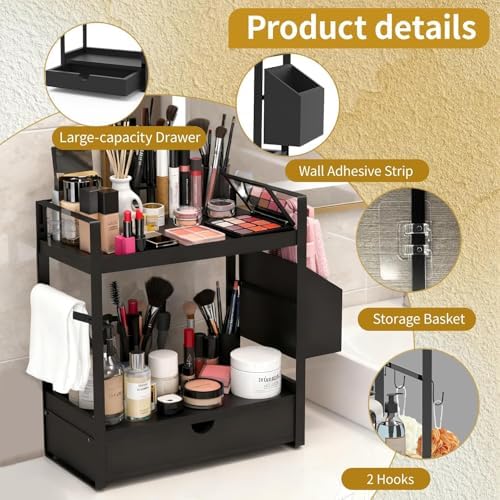 2-Tired Bathroom Counter Organizers and Storage, Coffee Bar Organizer with Drawer, Solid Wood Skincare Perfume Organizer for Vanity Kitchen Corner Shelf Office Countertop (Black) - Image 4