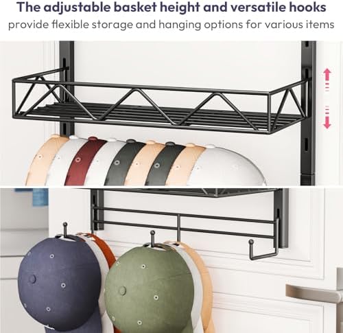SWTYMIKI Over Door Hat Organizer - 3 Tier Wall Mounted Hat Rack with 2 Adjustable Metal Basket and 3 Hooks, Hanging Baseball Cap Organizer Storage Holds up to 29 Caps for Door, Bedroom, Closet - Image 5