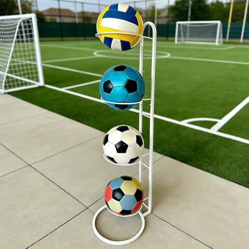Ball Storage Rack, White Metal, 4-Tier Vertical Organizer for Basketball, Soccer, Volleyball, Sports Equipment Holder (4-Tier) - Image 4