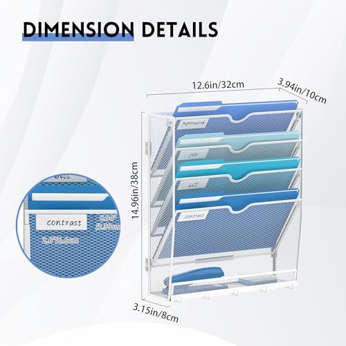 5-Tier Wall File Organizer and Mail Organizer with 5 Hooks, White - Image 2