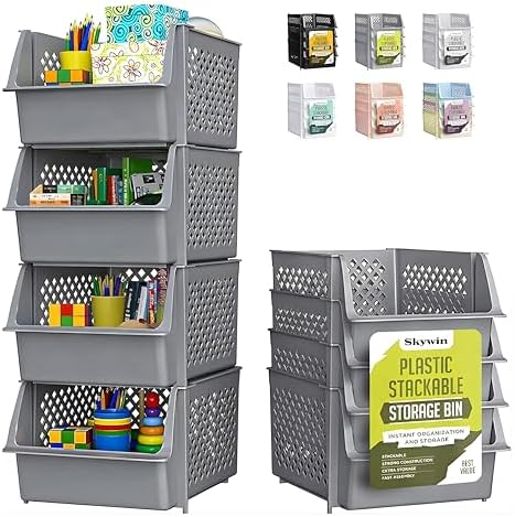 Skywin Stackable Storage Bins Open Front for Pantry Storage, 4 Pack - Grey by Skywin