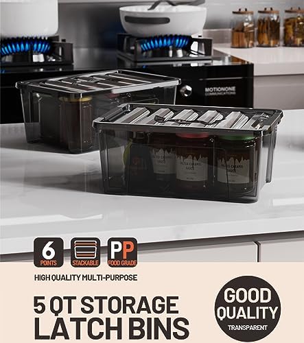 WYT 5-Quart Small Plastic Storage Container Bin with Secure Lids and Latch Buckles, Black Clear Durable Stackable Nestable Organizin, 6-Pack - Image 5