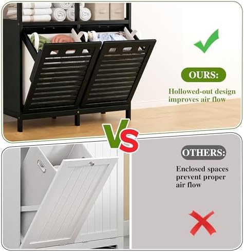 VASMIA Tilt Out Laundry Hamper Cabinet, Bamboo Double Laundry Hamper with 2 Removable Laundry Baskets, 20 Gal Laundry Sorter Organizer with Shelf for Dirty Clothes, Bathroom, Laundry Room, Natural - Image 6