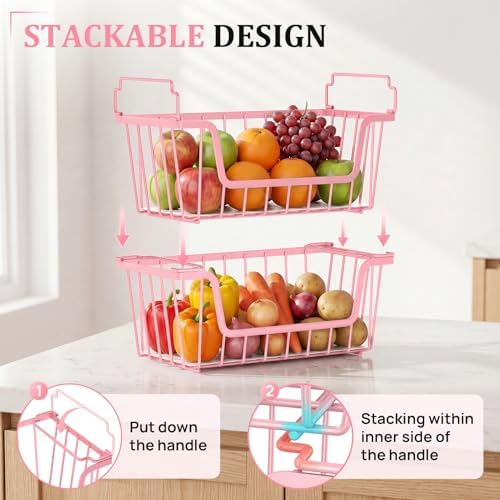 SUNALLY Stackable Storage Bins 4 Pcs Wire Baskets Freezer Organizer, Pink - Image 5