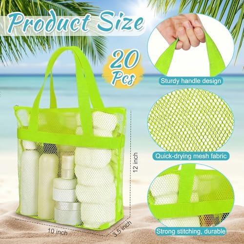 20 Pcs Mesh Beach Bags Bulk Portable Mesh Shower Caddy Bags with Zipper & 2 Pockets Hanging Toiletry and Bath Organizer for Beach Gym Camp Swimming Travel College Dorms (Fluorescent Color) - Image 2