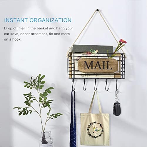 SRIWATANA Mail Organizer Wall Mount, 5 Key Hooks, Small, Carbonized Black - Image 4